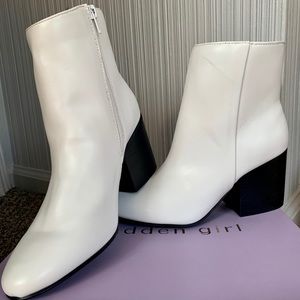 Madden Girl white booties with black block heel
